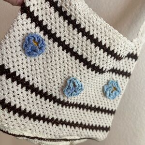 Handmade Crochet Bag with Blue Flowers